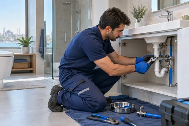 Lavabo altında su hattı ve vana bağlantısını onaran tesisat ustası