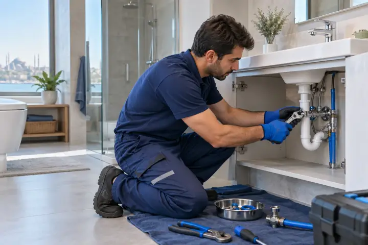 Lavabo altında su hattı ve vana bağlantısını onaran tesisat ustası