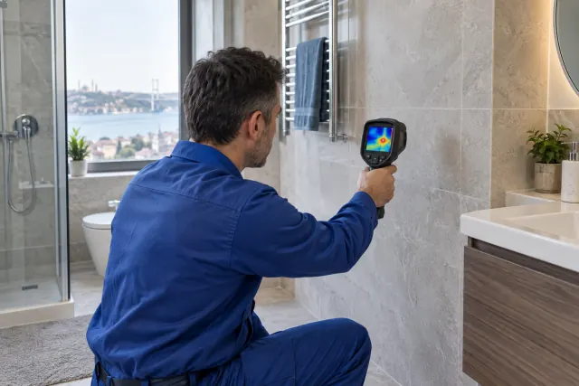 Termal kamerayla banyo duvarındaki sıcaklık farklarını inceleyen tesisat ustası